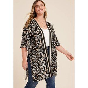 Maurices Kimono Black Floral Print Border Open Front
